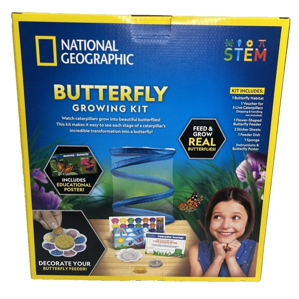 National Geographic Butterfly Growing Kit Feed & Grow‎ Real Caterpillars Habitat